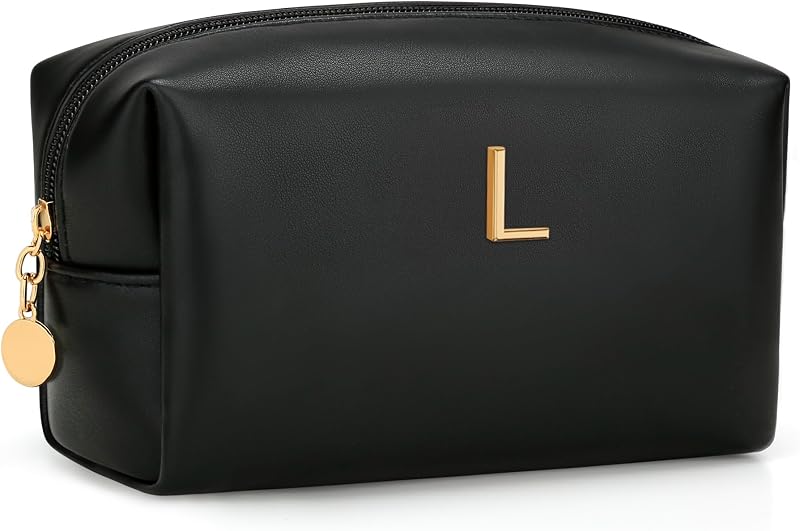 Necessaire de maquiagem CLOUDWINGS com inicial metálica, preta, tamanho L