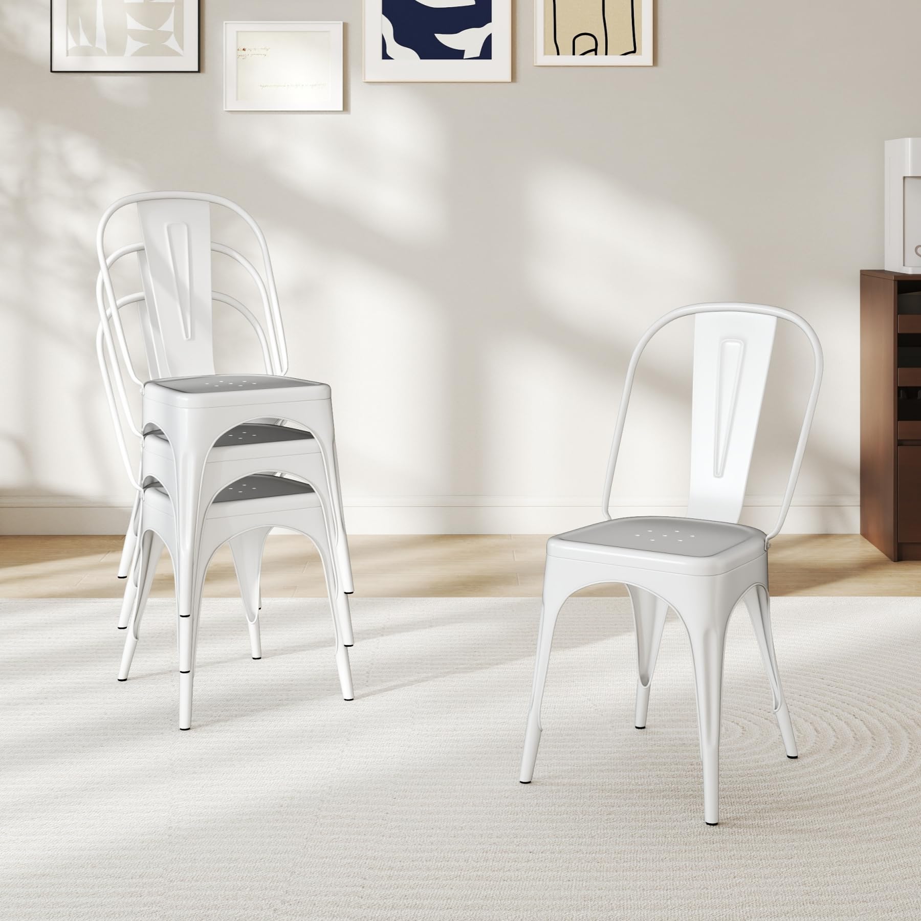 GrandCA HOME Set di 4 Sedie Impilabili in Metallo Sedia da Pranzo Sedia da Bar, Ideale per Sala da Pranzo, Cucina, Bar e Soggiorno, Bianco