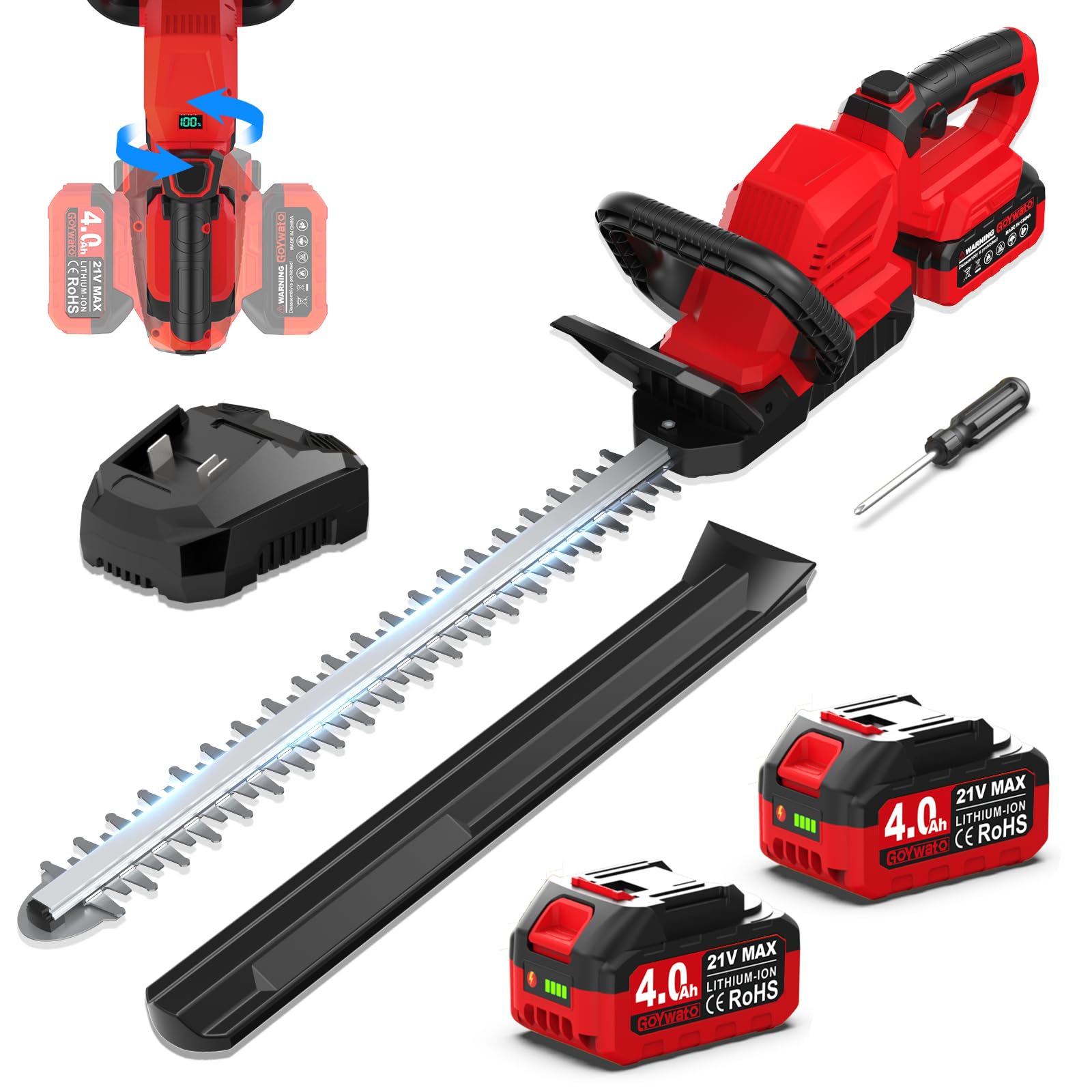 53CM Taille Haie Batterie sans Fil avec 2 Batteries 4,0Ah & Poignée à 180°