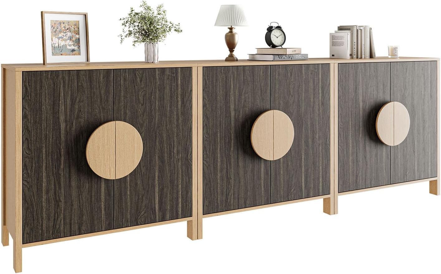 BREEZEHEAT Walnut Buffet Cabinet Set of 3-96" Wood Sideboard with Doors and Adjustable Shelf,Mid Century Modern Accent Cabinet-Storage Cabinets for Living Room,Entryway