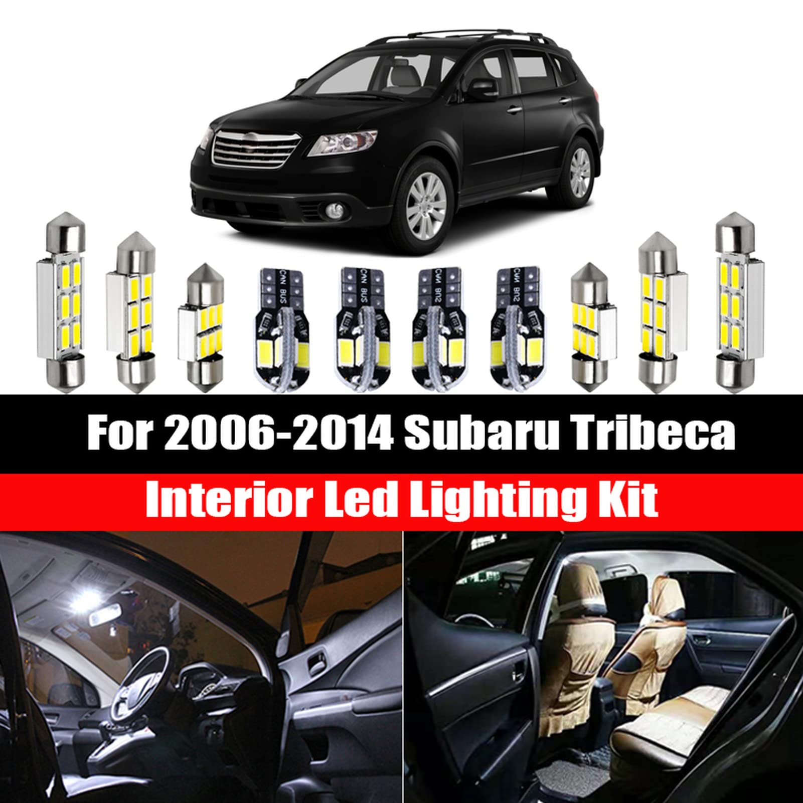 14 Uds. De Bombillas LED Blancas para Coche, Kit de luz de cúpula de Mapa Interior, lámpara de Placa de matrícula para Puerta de Maletero, para Subaru Tribeca 2006-2012 2013 2014