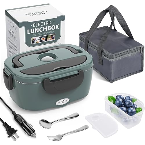 Electric Lunch Box Food Heater, 3 in 1 Ultra Quick Heated Lunch Boxes for Adults, 12V/24V/110V Portable Food Warmer for Car/Truck/Office With Fork Spoon and Insulated Carry Bag