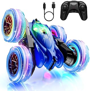 Voiture Télécommandée avec LED, Charge Directe Rapide, Stunt Voiture Radiocommandé Double Face Flip 360 Rotation, 2.4G 15km/h 4WD Tout Terrain pour Enfant Garçon Fille 3-12 Ans