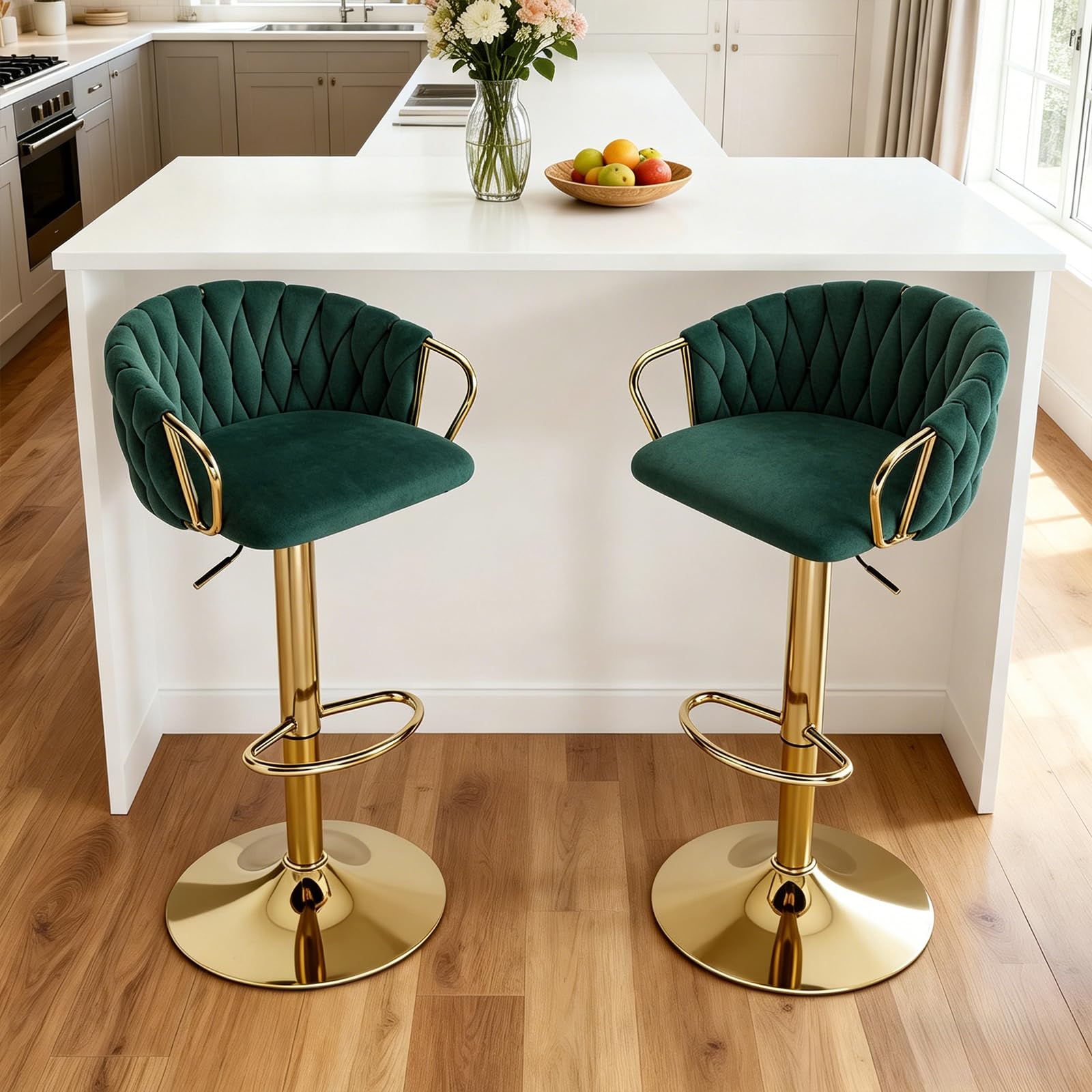 Relbiety Set of 2 Bar Stools Height Adjustable with Woven Backrest Gold Base, Velvet Swivel Breakfast Chairs Counter Height Barstools for Bistro Kitchen Pub Bar, Green