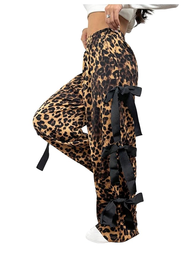 Floerns Womens Cheetah Cute Tie Bow Y2k Pants Elastic Waist Wide Leg Pants