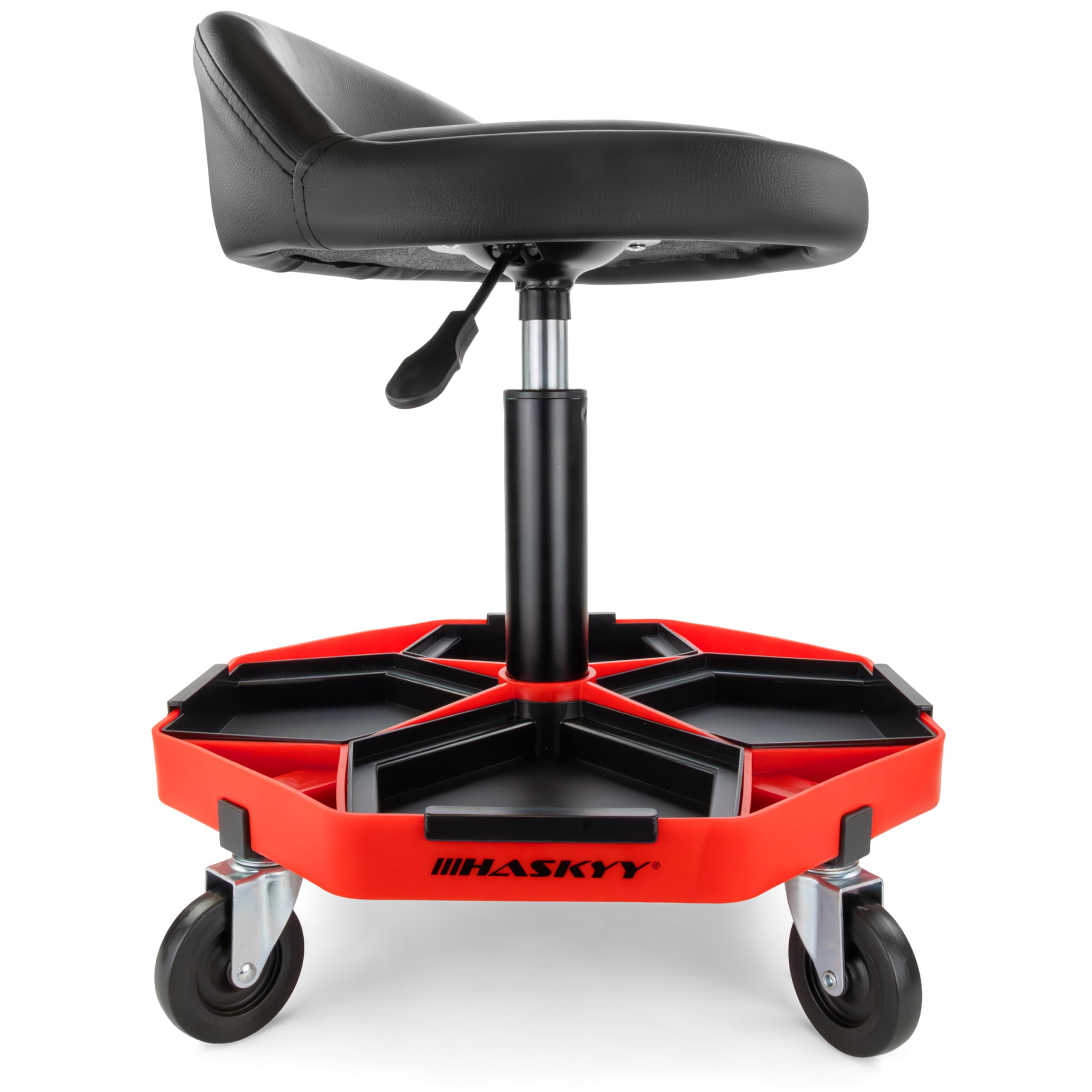 HASKYY Tabouret d'atelier avec dossier - Hauteur réglable de 43 à 58 cm - Charge maximale : 150 kg - Siège d'atelier avec compartiments de rangement - Tabouret pratique et d'atelier avec roulettes à
