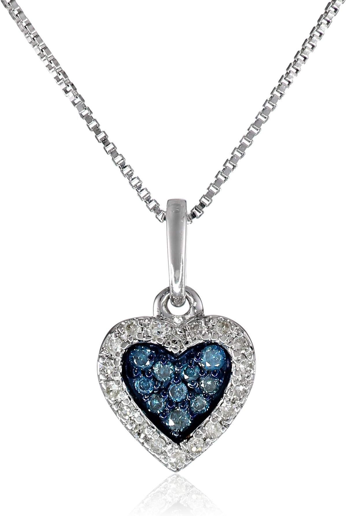 Amazon Collection Sterling Silver Blue and White Diamond Heart Pendant Necklace (1/5 cttw, H-I Color, I2-I3 Clarity), 18"