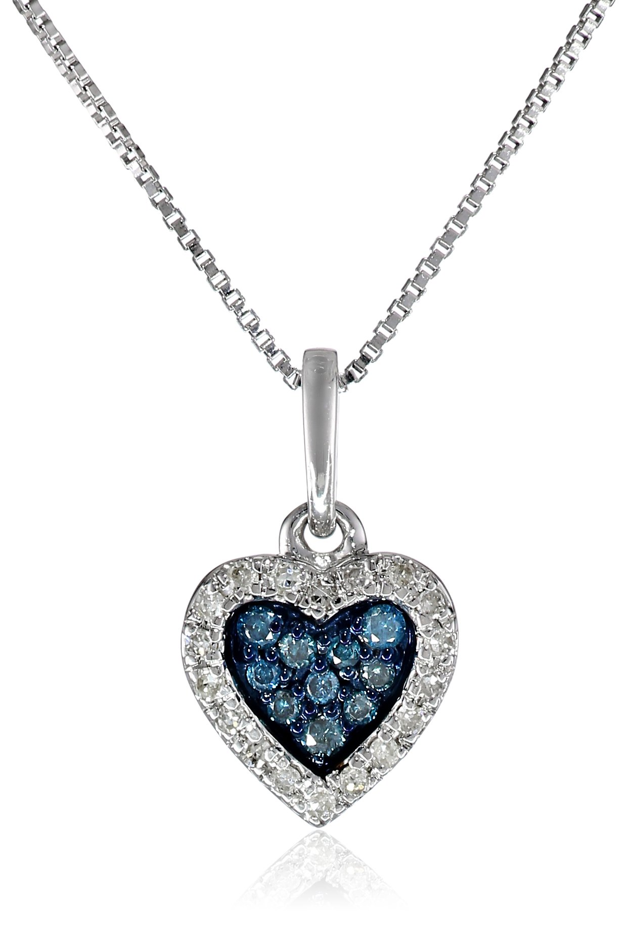 Amazon Collection Sterling Silver Blue and White Diamond Heart Pendant Necklace (1/5 cttw, H-I Color, I2-I3 Clarity), 18"