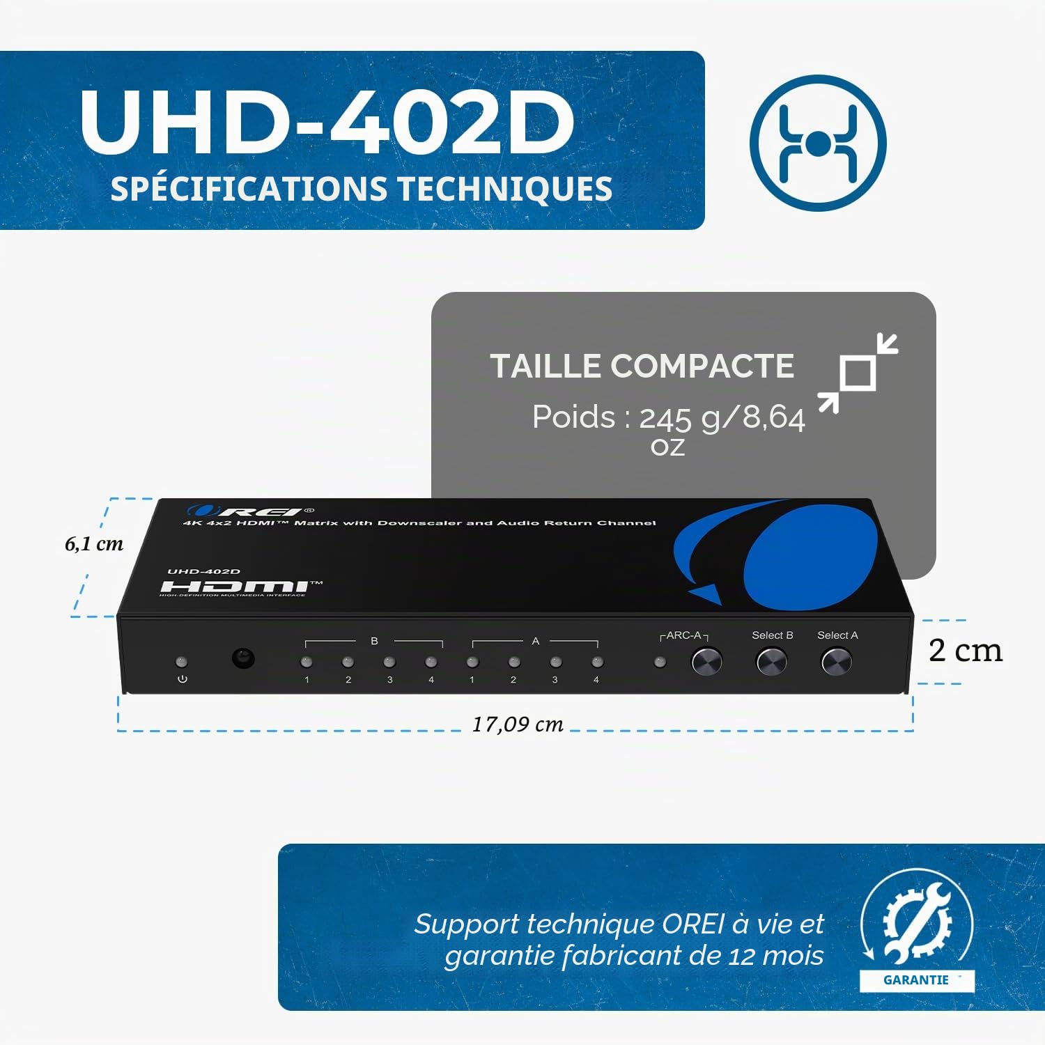 OREI Commutateur matriciel HDMI 4 x 2 - Extraction audio 4K @ 60 Hz, EDID, IR, HDCP 2.2