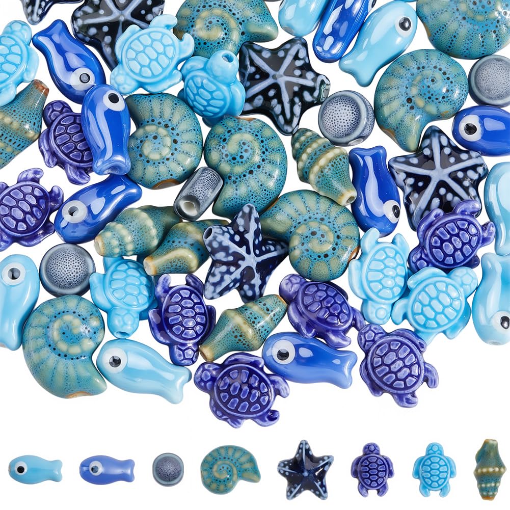 SUNNYCLUE 1 Box 56Pcs 8 Styles Porcelain Fish Beads Bulk Sea Turtle Bead Ocean Starfish Snail Tortoise Conch Flat Round Charms Loose Spacers for Jewellery Making Bracelets Earrings Necklaces DIY