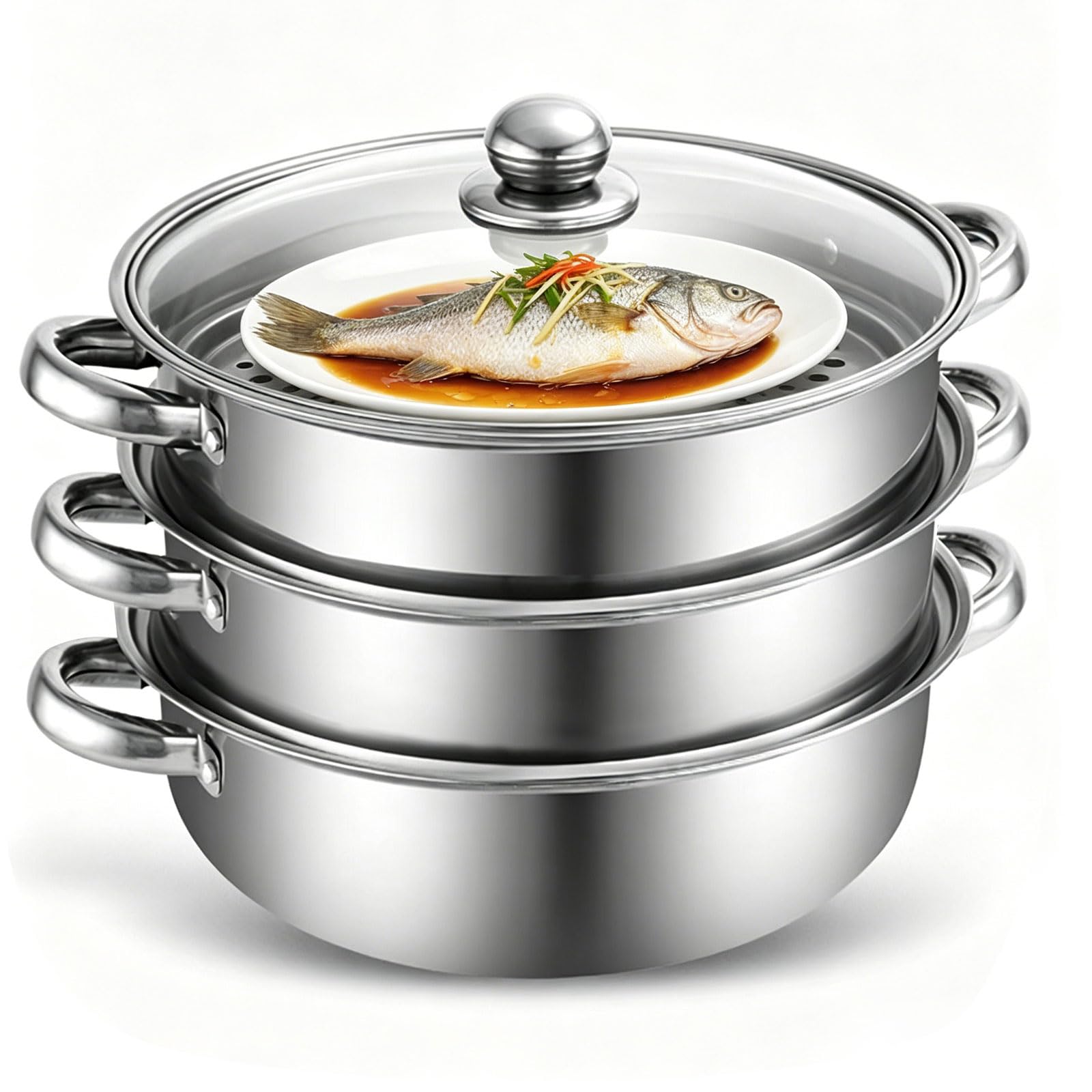 Pentola a Vapore In Acciaio Inox, 28 cm Vaporiera Pentola per Cucinare con Inserto a Vapore e Coperchio in Vetro, a Induzione a 3/4 Strati, per Zuppe, Pasta, Pesce (Tre)
