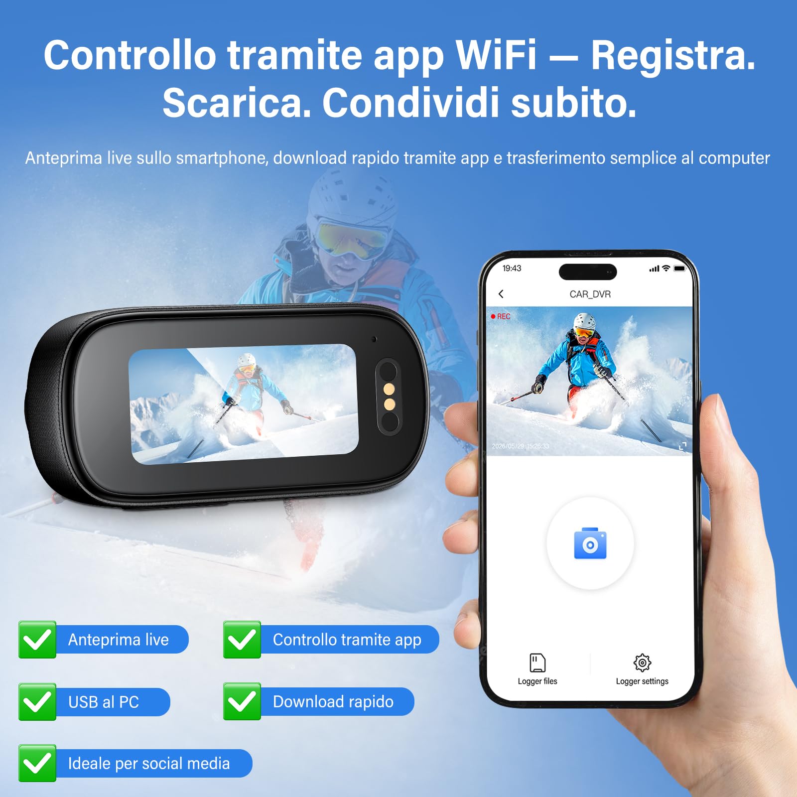 4K Mini Action Cam 20 MP Body Cam - Scheda 64GB | Mini Camera con Stabilizzazione EIS a 6 Assi, HDR, Grandangolo 145°, WiFi APP, Telecamera Magnetica per Moto, Casco, Vlog