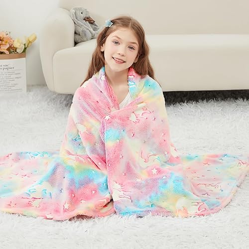 Miniatura 8 de Viviland Manta para niños, manta con estampado de unicornio para niñas, manta cálida y ligera de felpa para sofá, silla, sofá cama, para niños, 30 x