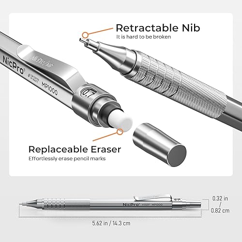 Miniatura 3 de Nicpro Juego de lápices mecánicos de metal, 5 lápices de dibujo artístico de 0.3, 0.5, 0.7, 0.035 in y 0.079 in, soporte de plomo de grafito para