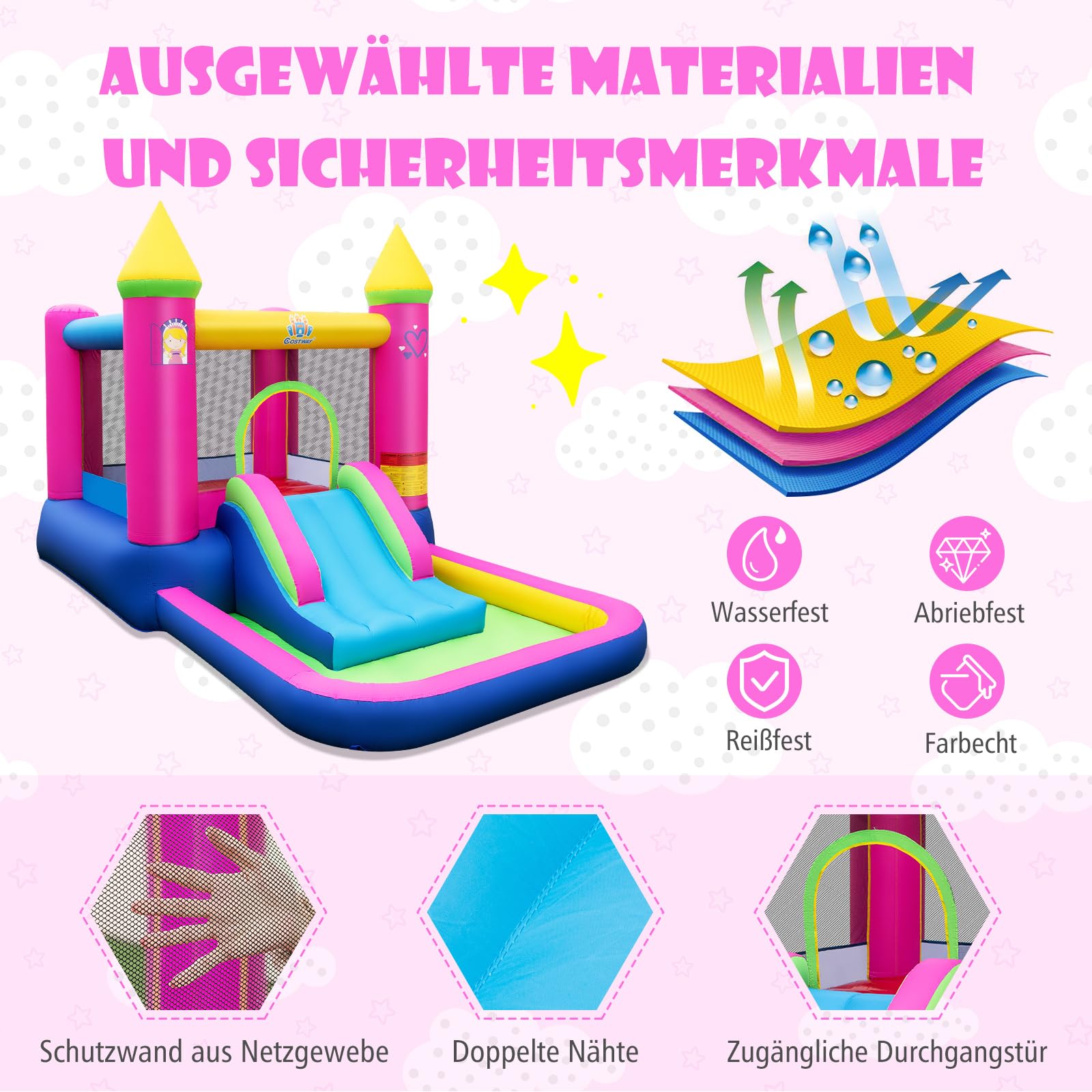 COSTWAY Hüpfburg mit Rutsche, Sprungbereich, Bällebad & Basketballkorb, für Indoor und Outdoor, inkl. Tragetasche, Reparaturset, 363 x 202 x 205 cm