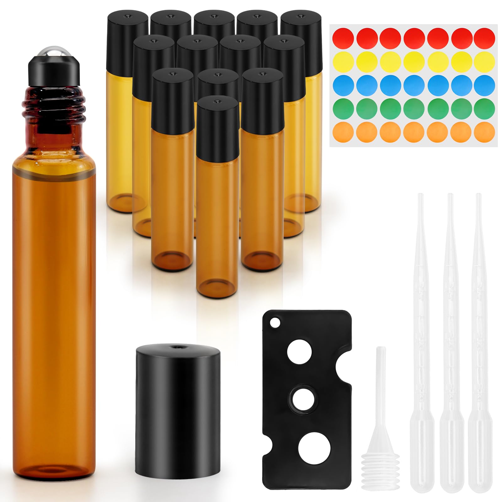 13 Pièces Flacon Roll On Vide, 10ml Roll On Huile Essentielle Vide Bouteil, Verre Couleur Thé Flacon Roll On avec Bille en Acier Inoxydable, Flacons à Bille Rechargeables pour Cosmétiques, Parfums