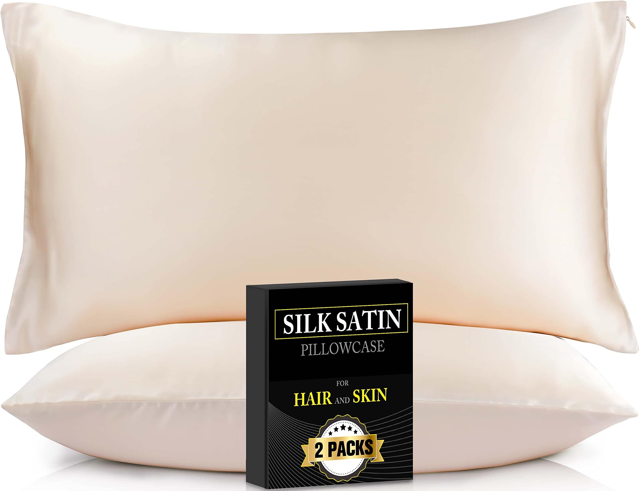 J JIMOO Silk Satin Pillowcase for Hair and Skin Queen Size Set of 2, Soft Silk Pillowcase Champagne 20''x30'', Cooling Satin Pillow Cases Set of 2 with Hidden Zipper,Valentines Day Gifts for Women Men
