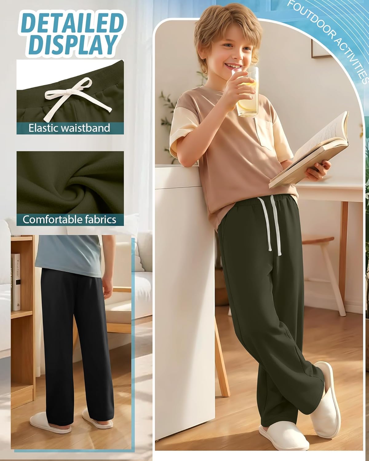 3 Pack Boys Sweatpants Kids Casual Open Bottom Pants Teen Straight Leg Athletic Drawstring Joggers with Pockets - Image 4