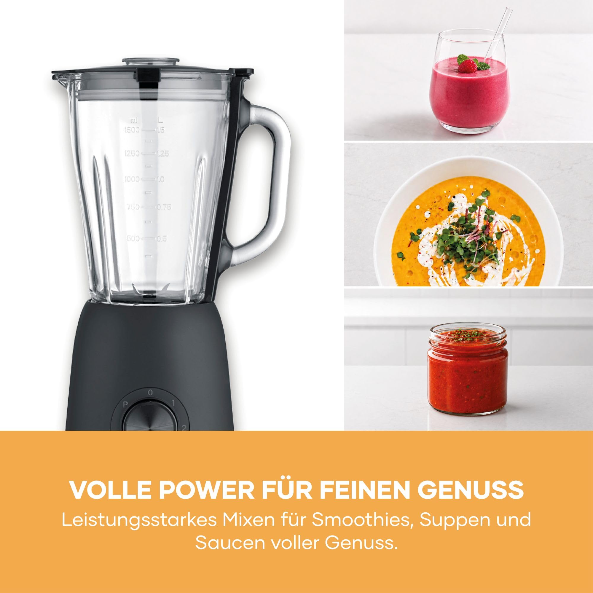 Severin Standmixer, Smoothie Maker, Blender elektrisch, 1,5L, 2 Stufen, Impulsfunktion, spülmaschinengeeignete Teile, Edelstahlmesser, inkl. to go Behälter und Mühlen-Aufsatz, 600W, schwarz, SM 3724