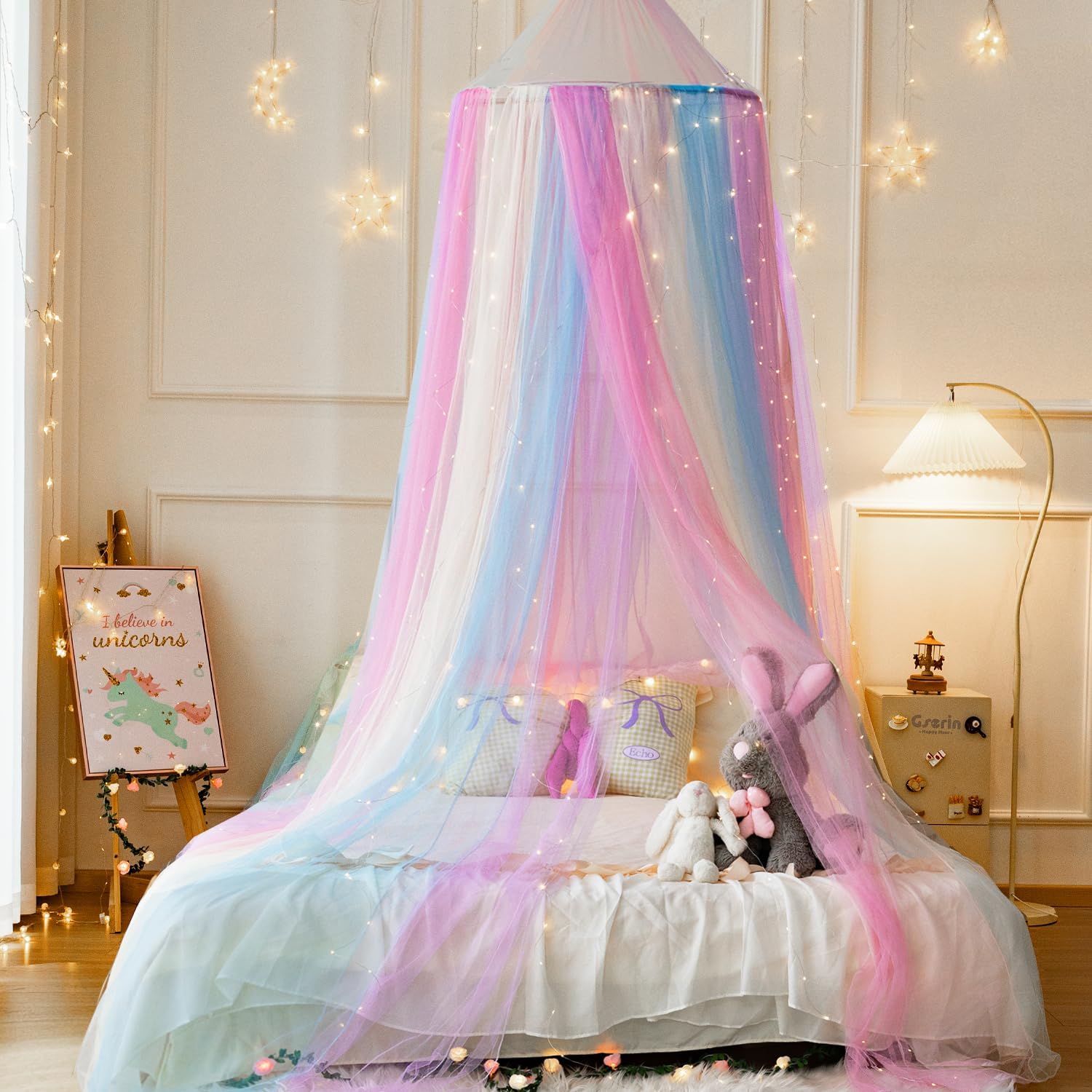Rainbow Bed Canopy with Warm Fairy Lights,X-Large Princess Canopy Hanging Netting for Girls Bedroom Decor,Kids Fairy Dream Play Tent for Room,Reading Corner