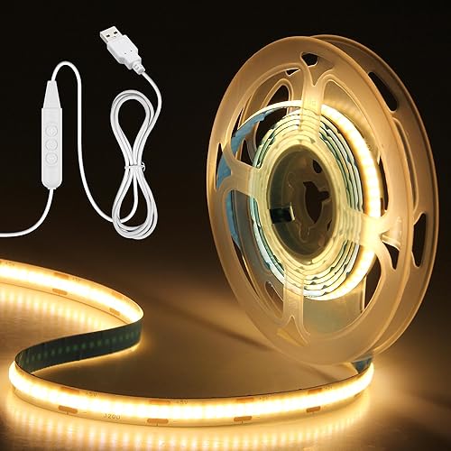 Miniatura 10 de Aclorol Tira de luz LED COB USB 5V 1.5m 480LEDs Retroiluminación flexible para TV Blanco cálido 3000K Tira de luz LED regulable con autoadhesivo