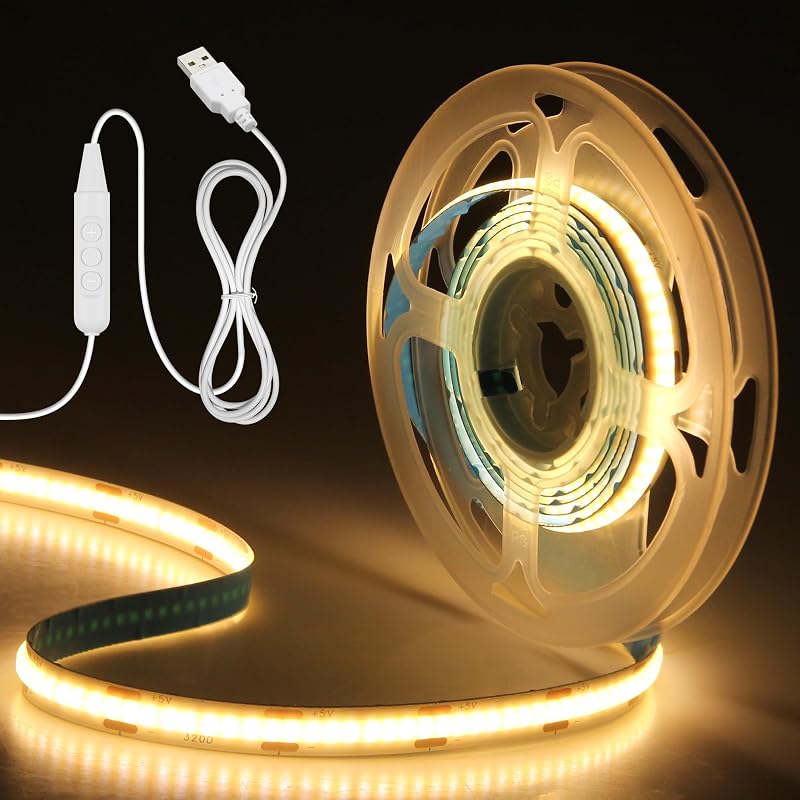 Aclorol USB COB LED Szalag 5V 3000K Meleg Fehér - 2m Dimmelhető Rugalmas Világítás TV Háttérfényhez, 3D Nyomtatóhoz, Szekrényhez