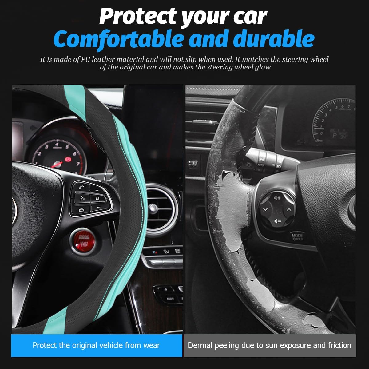 Car Steering Wheel Cover, 15 Inch Elastic Breathable Leather Vehicle Steer Wheels Protector, Anti-Slip Automotive Interior Protection Accessories for Men Women, Universal Fit (Mint Green) - Image 5