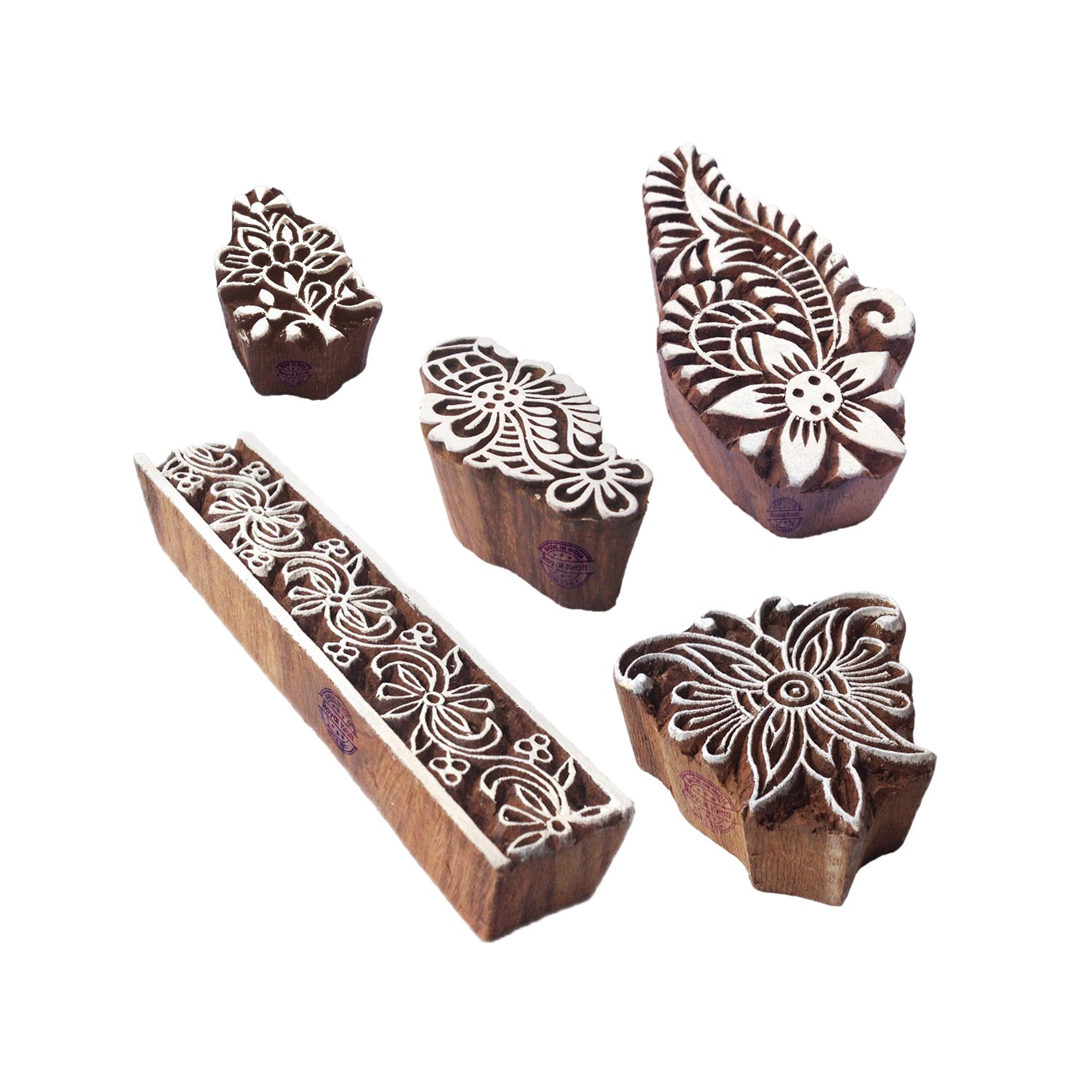 Urban Motif Flower and Border Block Print Wood Stamps (Set of 5)