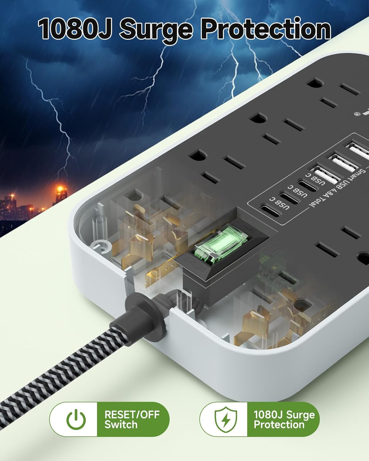 10 FT Extension Cord- Power Strip Surge Protector with 8 AC Outlet& 6 USB Ports(3 USB C) Charging Block, Ultra Thin Flat Extension Cord 10 Feet Wall Amount for Home, Office, Dorm Essentials.