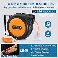 Vista 3 de VEVOR Carrete de cable de extensión retráctil, 65 pies, cable de alimentación resistente 12AWG/3C SJTOW, con toma triple iluminada, interruptor