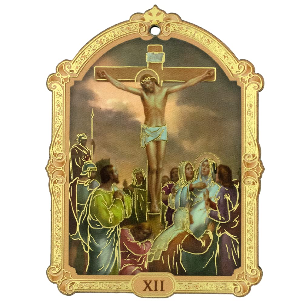 Placas de estaciones de la cruz | 9,5 cm de alto | Decoración y devocional de Lenton | Aulas cristianas católicas, hogar e iglesia | Incluye 16 placas que representan la crucifixión y resurrección de