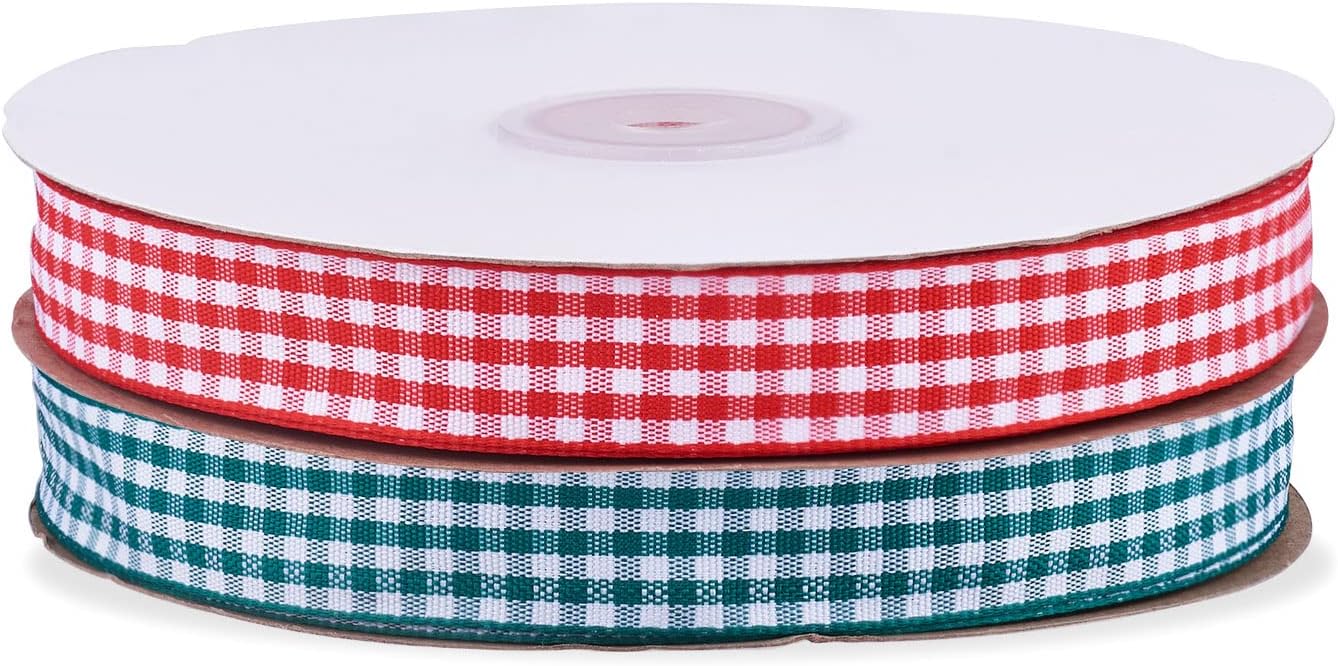 Cheriswelry 2Rolls 50Yards/Roll Gingham Polyester Ribbon Red Green Plaid Ribbon Checked Wrapping Ribbon for DIY Gift Floral Bows Wreath Home Party Wedding Decoration Crafts