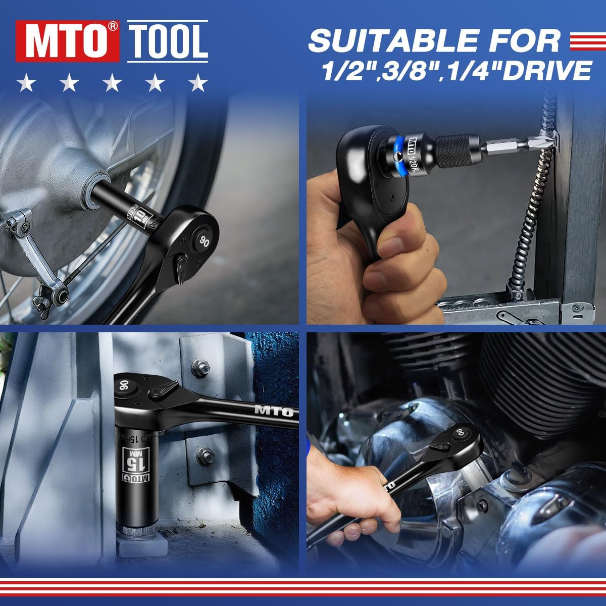 MTO 3-Piece 90 Tooth Ratchet Wrench Set, 1/4”, 3/8”, 1/2” Drive Reversible Ratchets, Ergonomic Handle, Chrome Alloy Made, Quick Release Ratchet