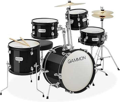 Gammon Percussion Kit de batería de inicio junior de 5 piezas con platillos herrajes palos y trono color negro