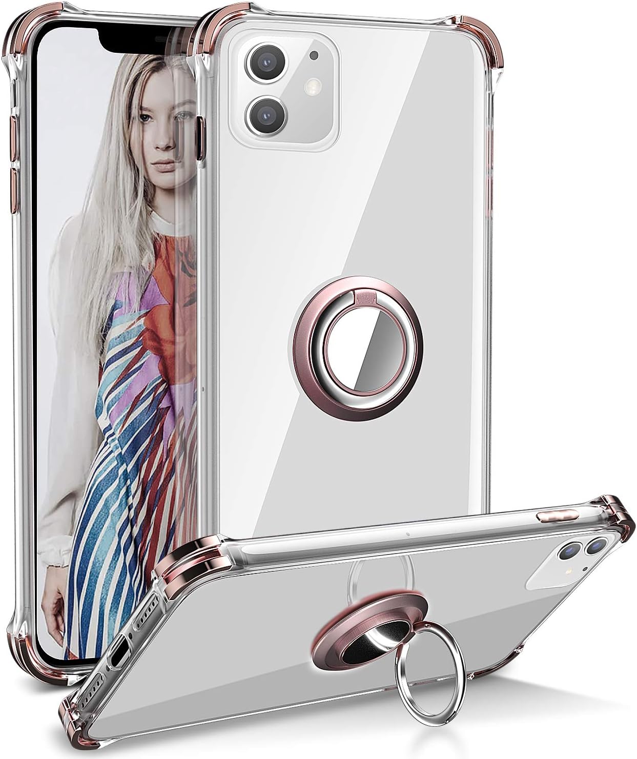 iPhone 11 Case, Daupin Clear iPhone 11 Case with 360 Rotatable Ring Kickstand Soft TPU Bumper PC Hard Back Protective Phone Case for iPhone 11 6.1 inch (Rose Gold)