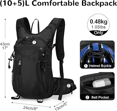15L Bike Backpack for MTB Motorcycle, Reflective Cycling Backpack Fits Hydration System, Hiking Rucksack for Outdoor, Black | for Men Women, with Chest & Waist Strap, Helmet Holder, Compact, Lightweight, Reflective, Padded, for Biking Mtb Motorcycle