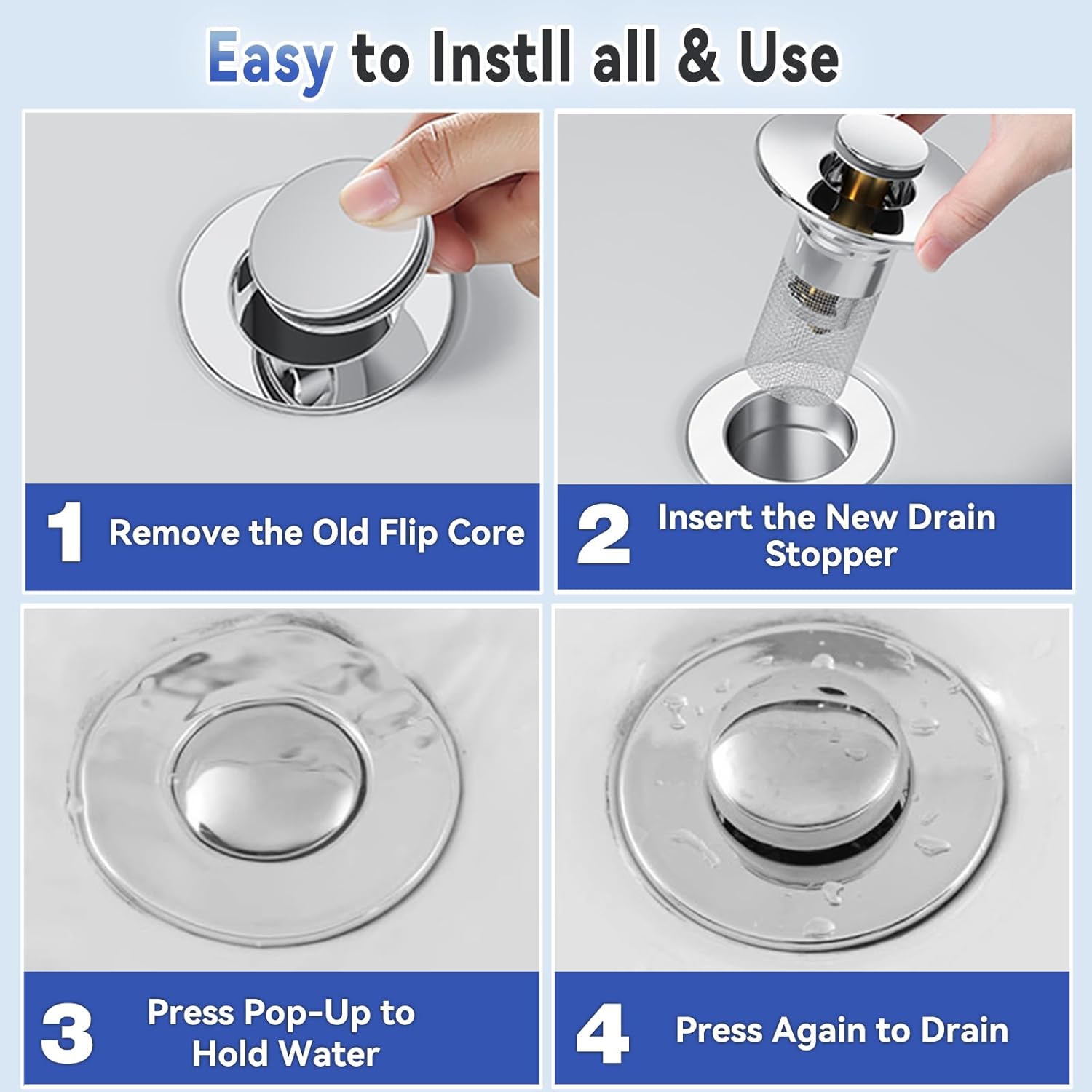 Bathroom Sink Stopper Hair Catcher, Pop Up Sink Drain Stopper with Removable Stainless Steel Filter Basket Hair Catcher for Universal Bathroom Basin Sink Stopper Replacement (Silver, 4Pcs) - Image 7