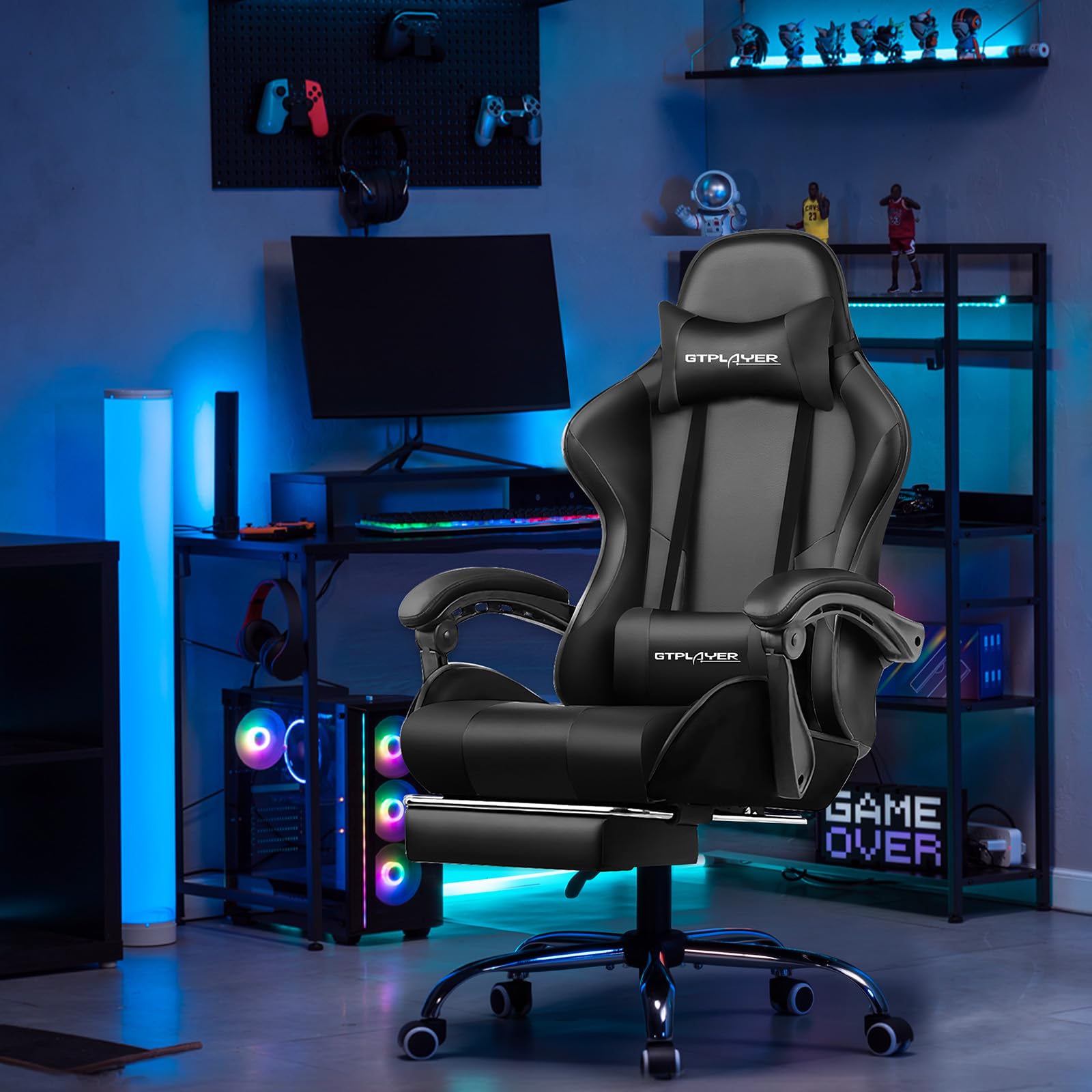 GTPLAYER Krzesło gamingowe, ergonomiczne krzesło biurowe, fotel gamingowy z podparciem okolic masażu, krzesła zadaniowe z podnóżkiem i zagłówkiem, kolor czarny, sztuczna skóra