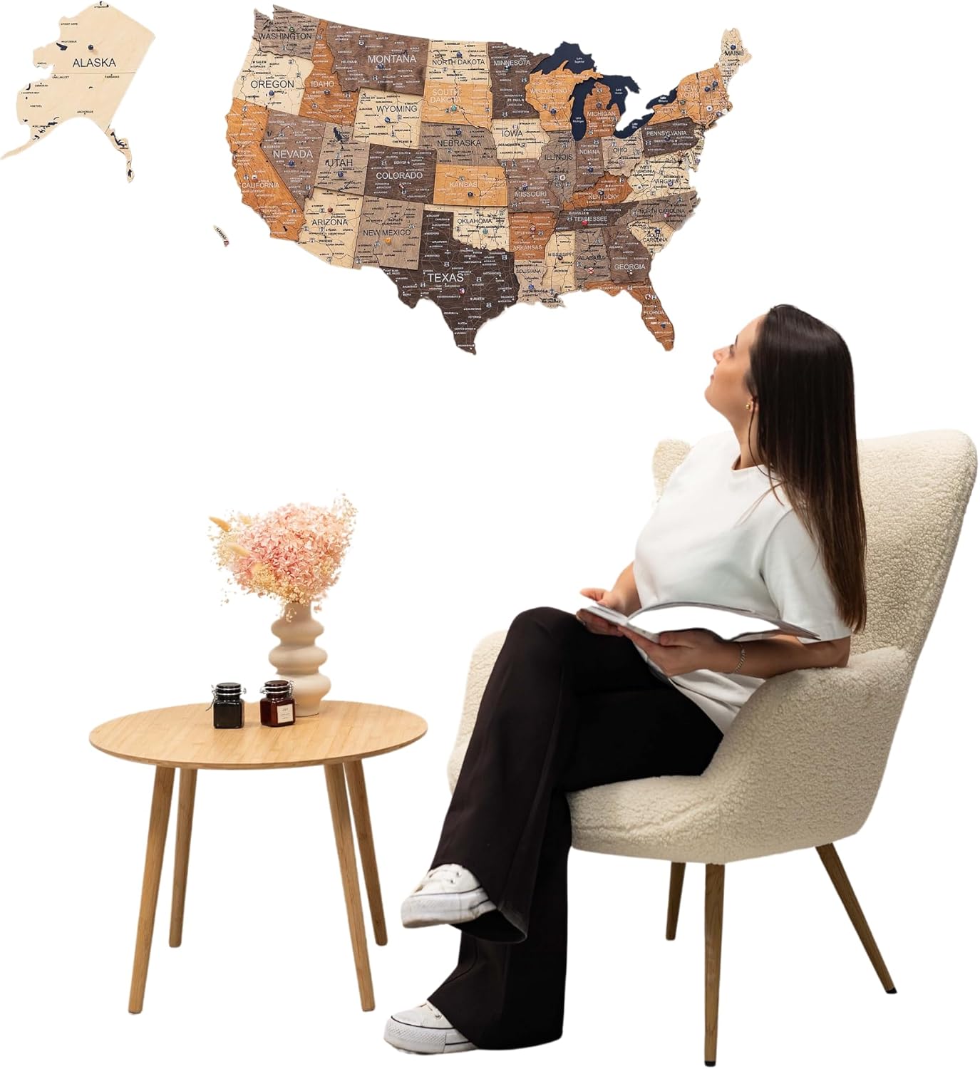 Enjoy The Wood Wooden USA Map Visited Places - 3D US States Map Travel Tracker Wooden Wall Decor - Mark Your Travels Wood Wall Art For Home & Kitchen or Office (Large, Multicolor)