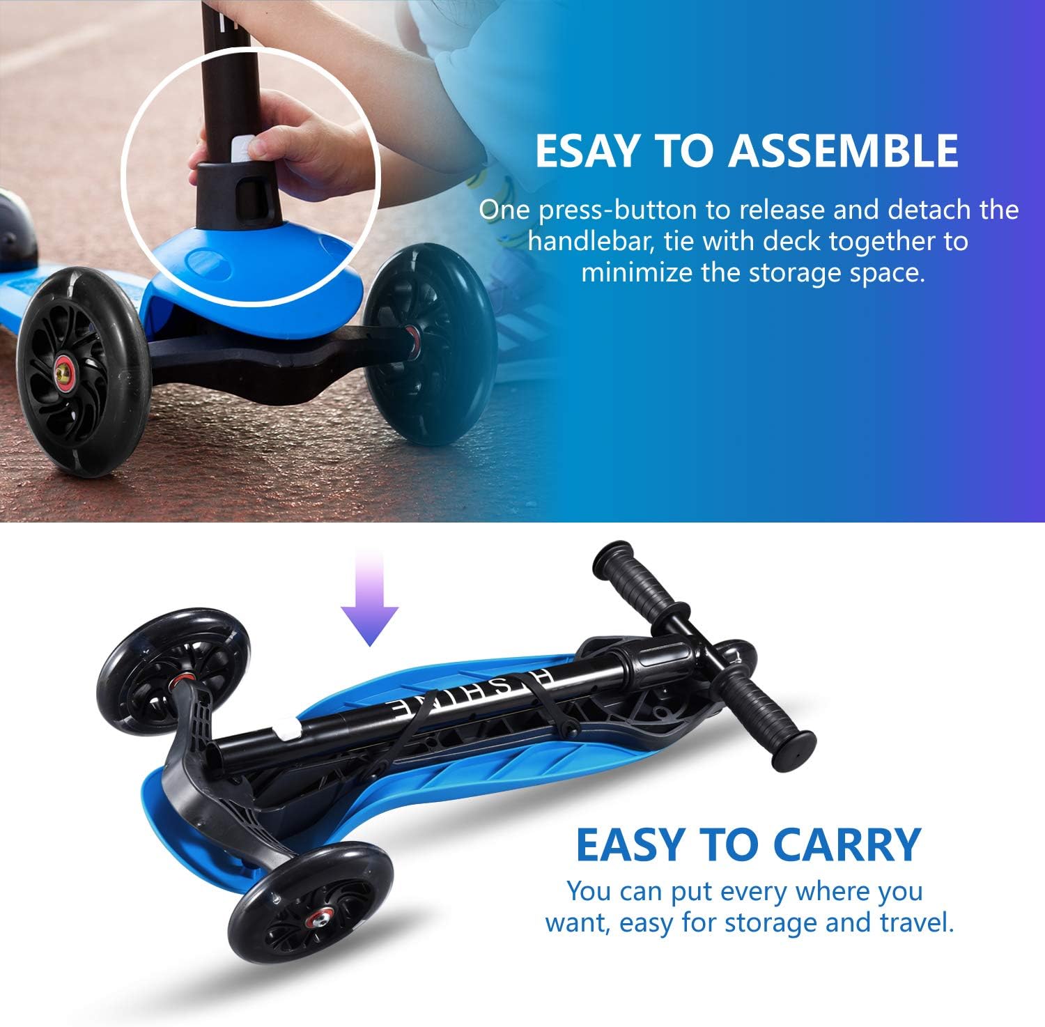Hishine Kick Scooter Height Adjustable Lean to Steer with Flashing PU Wheels 3 Wheel Toy Folding for Kids Boys Girls