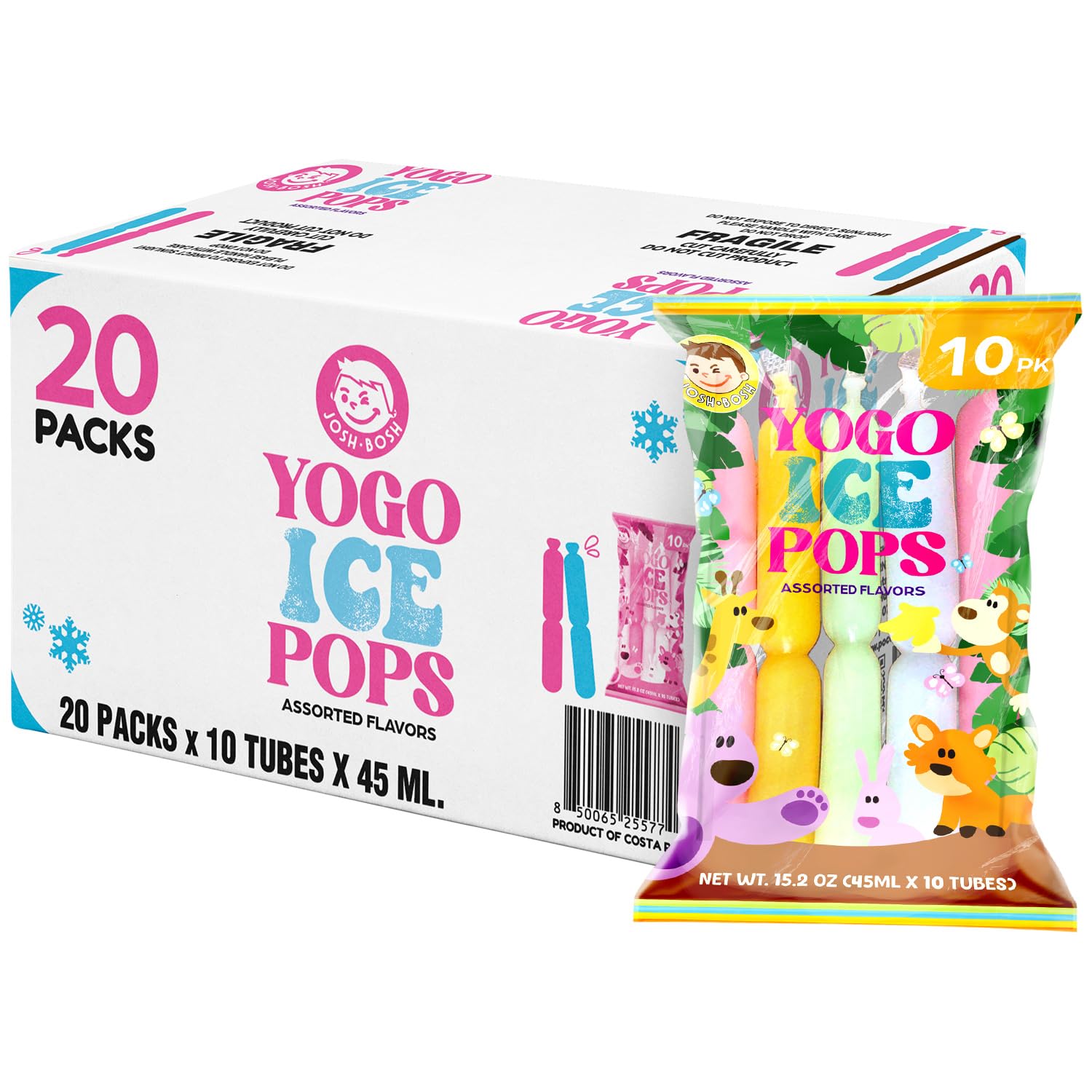 Pocas Josh Bosh Yogo Ice Pops Bulk 20-Pack Case (200 Tubes), Green Melon, Mango, Strawberry, Coconut & Peach – Fat-Free Yogurt Fruit Snacks, 19.8 Lb Box