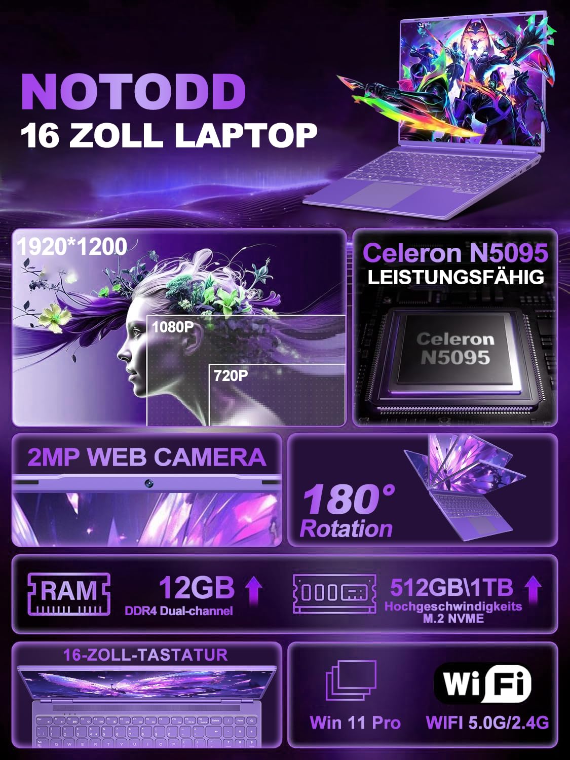 PC Portatile 16 Pollici Win 11 12+512GB 1TB SSD N5095 2.9Ghz Notebook Laptop Viola