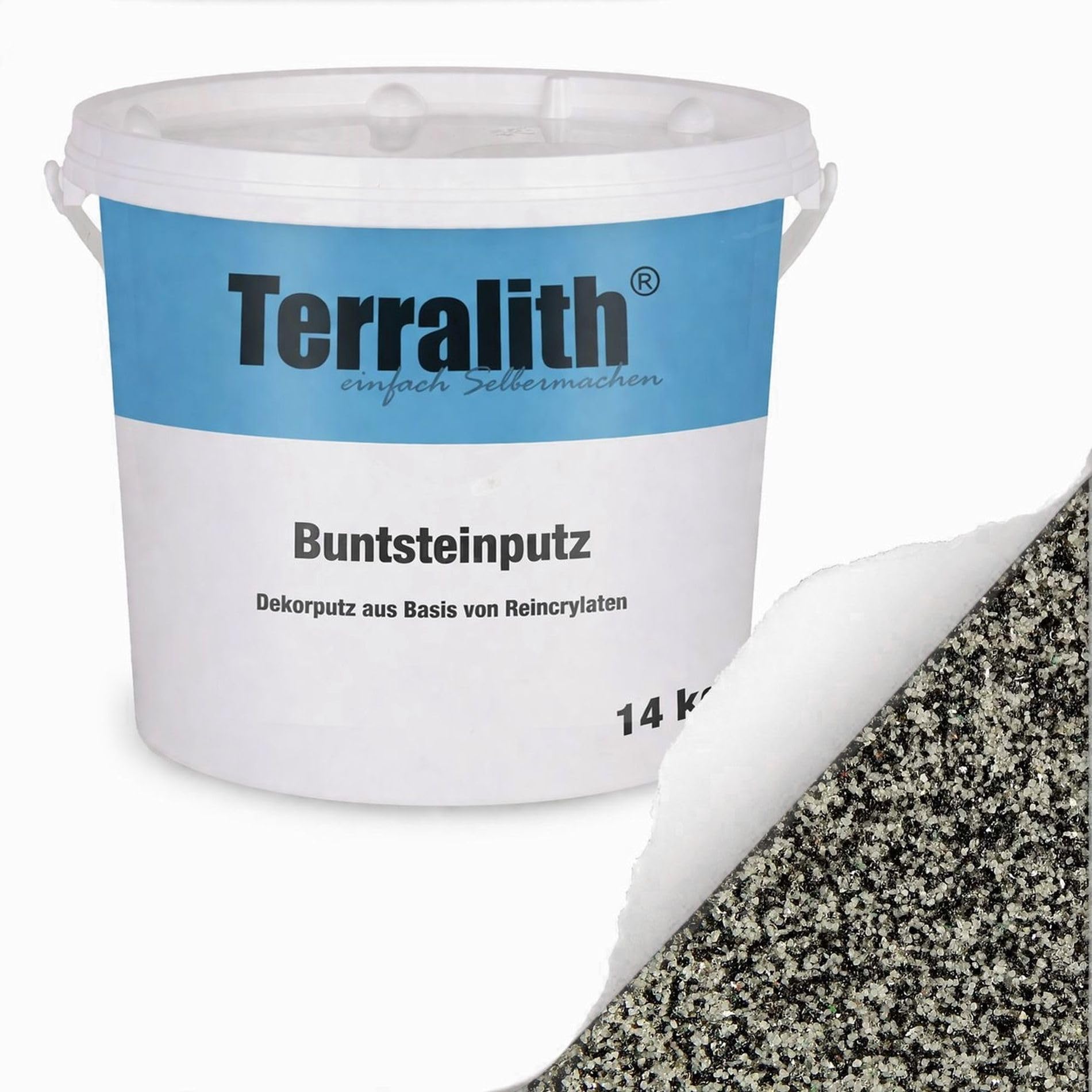 Terralith Buntsteinputz 14kg in schwarz-weiß, Sockelputz für Innen und Außen mit Reinacrylat Bindemittel aus Naturstein, 1-2mm Körnung (BSP83)