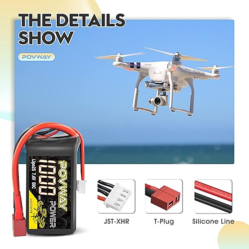Miniatura 3 de POVWAY Batería Lipo de 7.4 V 2S 1000 mAh 50C RC Lipo Baterías con Deans T Plug para 110 116 118 124 escala RC Car Truck Truggy