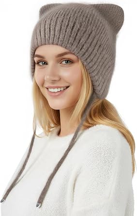 Womens Warm Plush Rabbit Hair Hat Cat Beanie, Double-Layer Windproof Knit Hat Winter Thick Skull Cap with Cute 3D Cat Ears