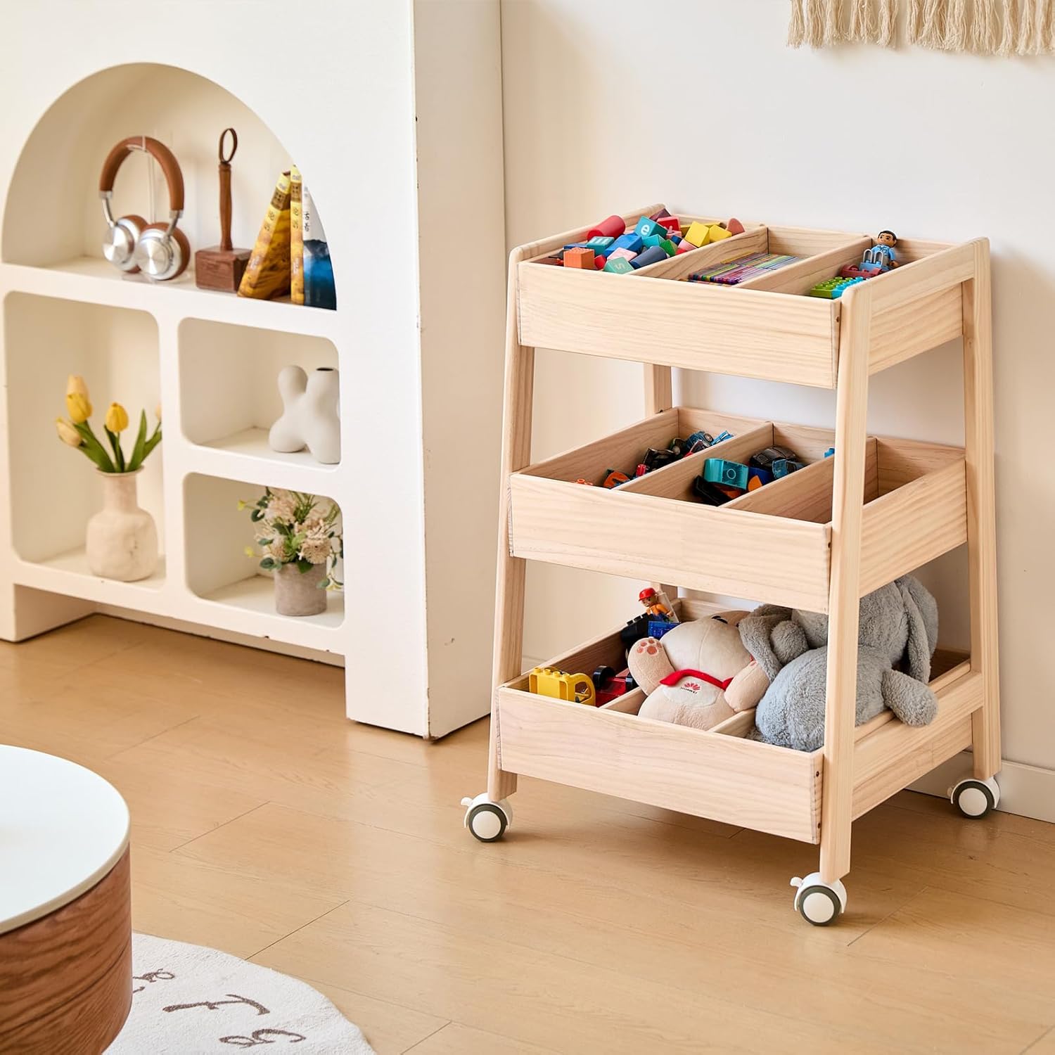 3 Tier Wooden Storage Shelf Organizer with Wheels for Toy Book Wood Storage Rack Open Display Shelf Kids Gift Natural