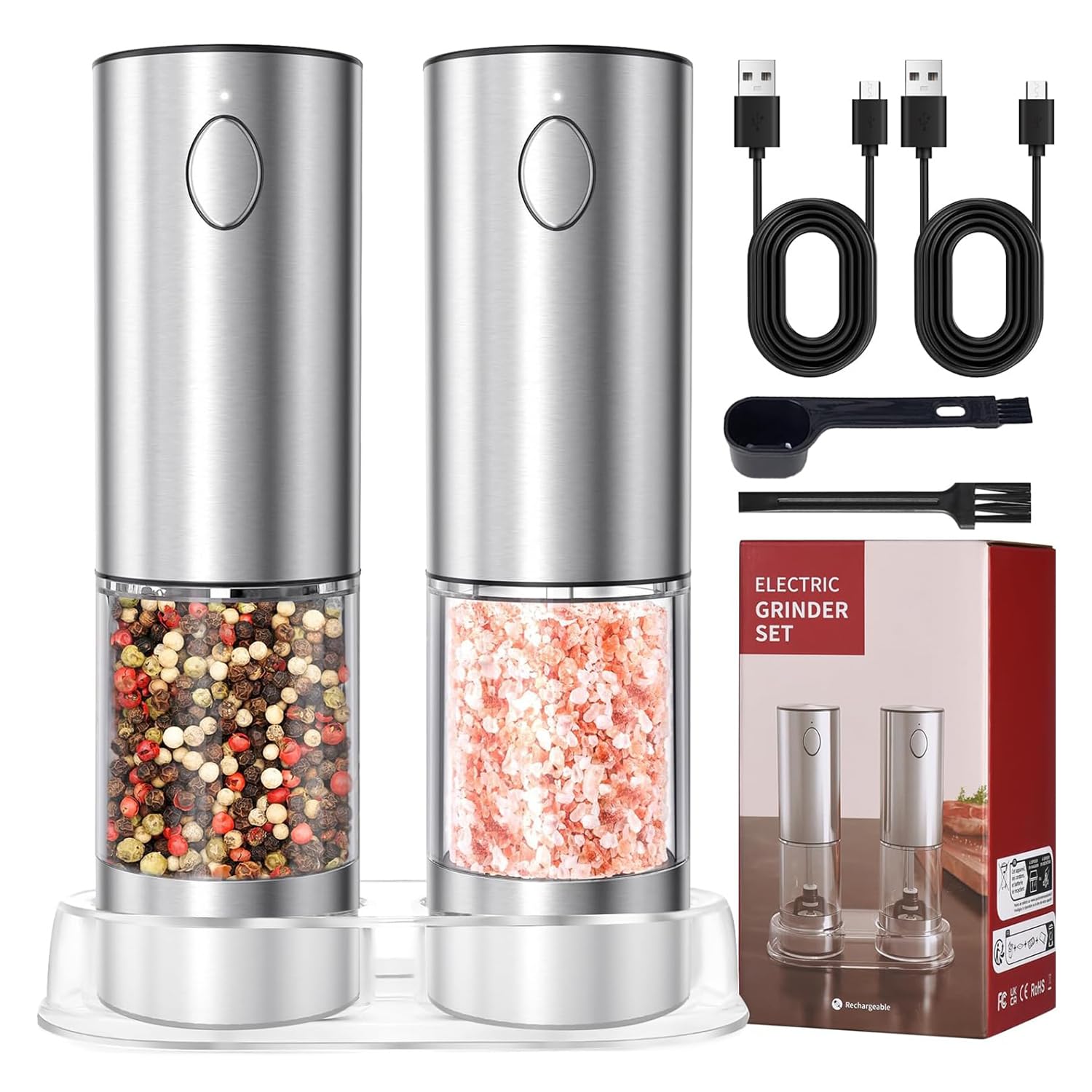 Electric Salt and Pepper Grinder Set, Automatic Salt and Pepper Grinder Set, Stainless Steel Electric Salt Pepper Mill Set with 5 Adjustable Coarseness, One Hand Operation with LED light(2 Pack)