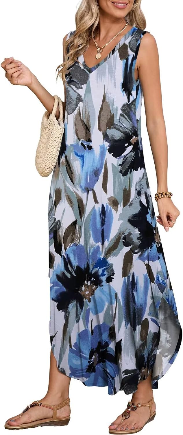 BELAROI Womens Plus Size Maxi Dress Sundress Summer Casual Sleeveless V Neck Pockets Beach Swimsuit Coverup Loose