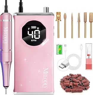 Electric Nail Drill File Professional 40000 RPM, Melodly Rechargeable Electric Nail File Machine Kit for Acrylic Gel Nails Polishing Removing, Portable Cordless Efile with Gold Bits Kit at Salon Home