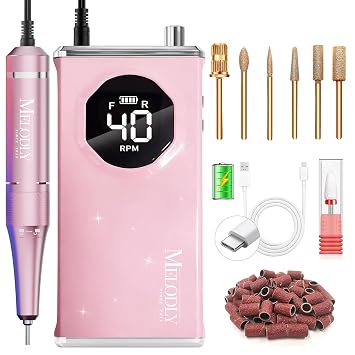 Electric Nail Drill File Professional 40000 RPM, Melodly Rechargeable Electric Nail File Machine Kit for Acrylic Gel Nails Polishing Removing, Portable Cordless Efile with Gold Bits Kit at Salon Home